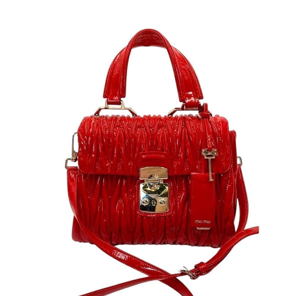 Auth Miu Miu Red Matelasse Enamel Leather 2way Madras Top Handle Handbag
